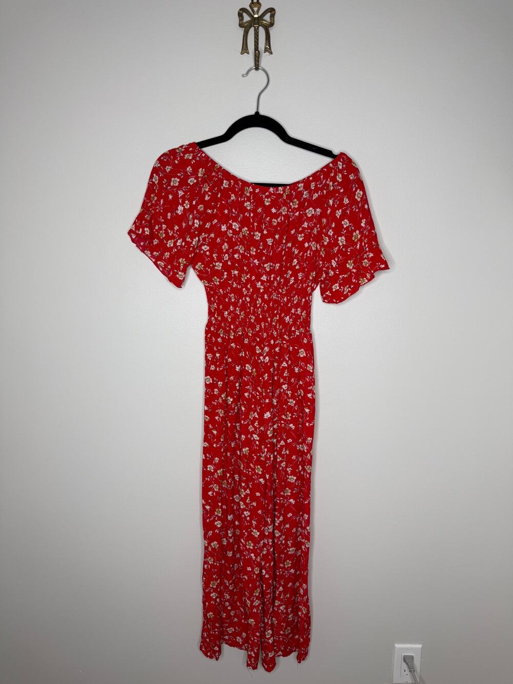 Anthropologie Kindred Red Floral Wide Leg Smocked Waist Flounce sleeve Jumpsuit